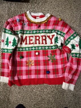Holiday Time Pink Plaid 'MERRY' Embellished Christmas Sweater